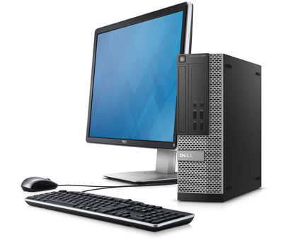 1_a small form factor desktop with a monitor, a keyboard, a mouse